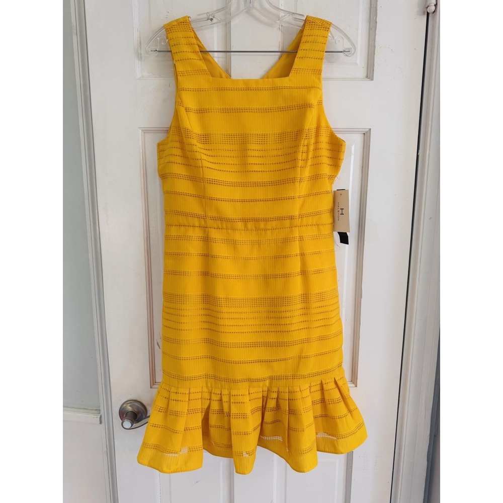 Halston Yellow Eyelet‎ Stripe Ruffle Hem Sheath Dress Sleeveless Women Size 6